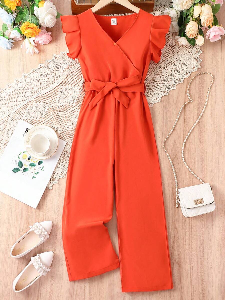 SHEIN Girls Ruffle Trim Belted Wide Leg Jumpsuit - Orange - View 1