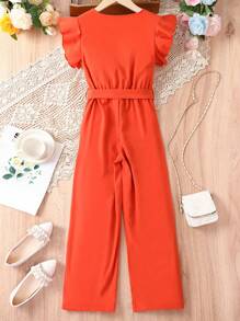 SHEIN Girls Ruffle Trim Belted Wide Leg Jumpsuit - Orange - View 2
