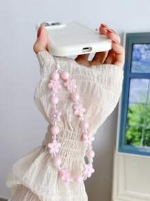 Hoa trang trí dây buộc điện thoại đính cườm - Hồng - Xem 1