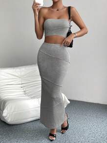 Chiquease Solid Tube Top & Mermaid Hem Skirt - Light Grey - View 1