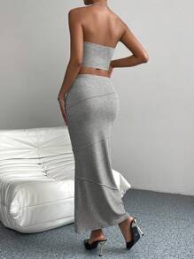 Chiquease Solid Tube Top & Mermaid Hem Skirt - Light Grey - View 2