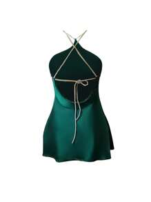 素色緞面露背繫帶連衣裙 - 墨綠色 - 查看 5