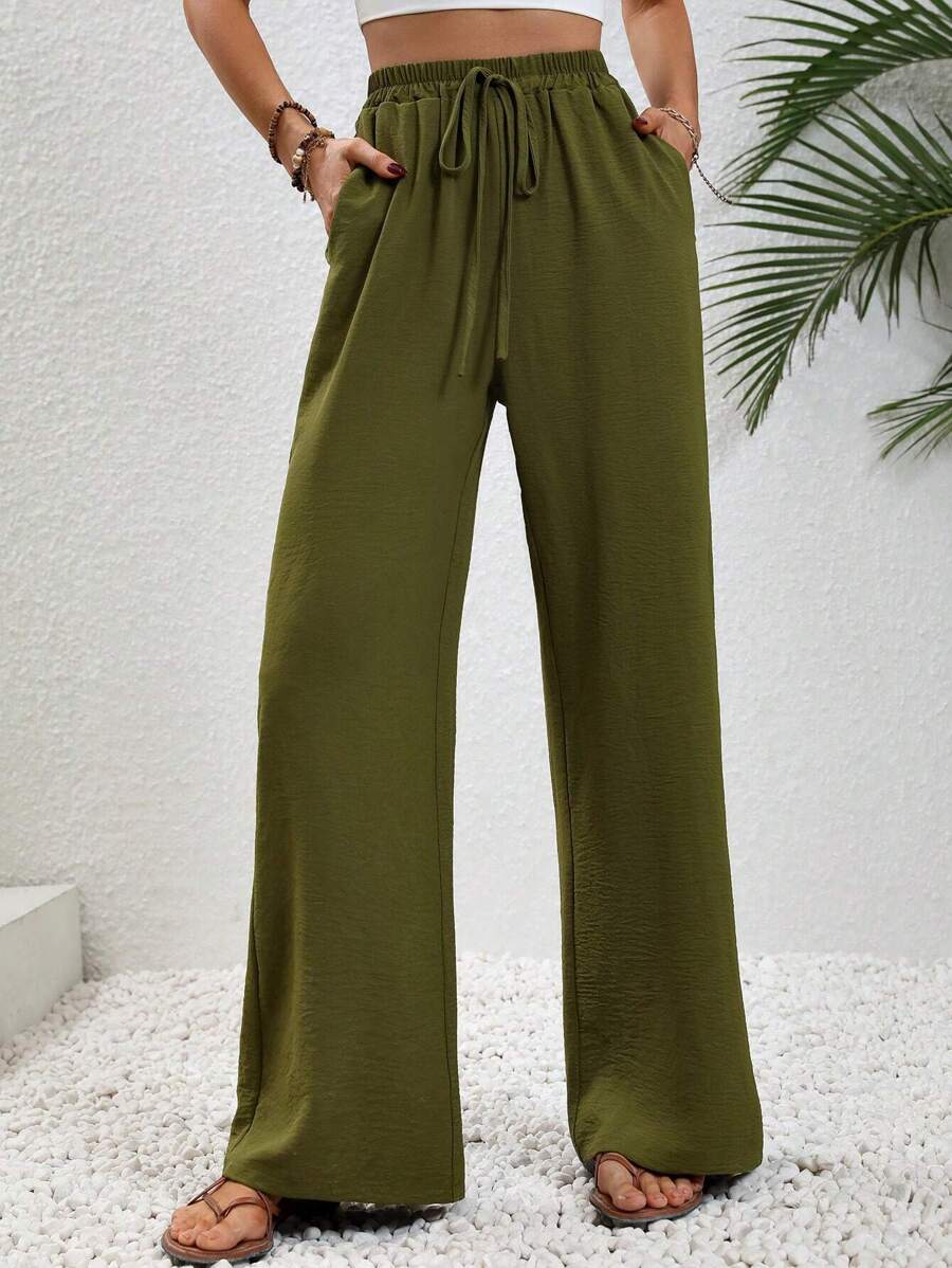 SHEIN LUNE Tie Waist Wide Leg Trousers - Army Green - View 1