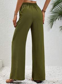 SHEIN LUNE Tie Waist Wide Leg Trousers - Army Green - View 2