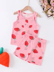 Girls Strawberry Print Tank Top & Shorts Snug Fit PJ Set - Pink - View 1
