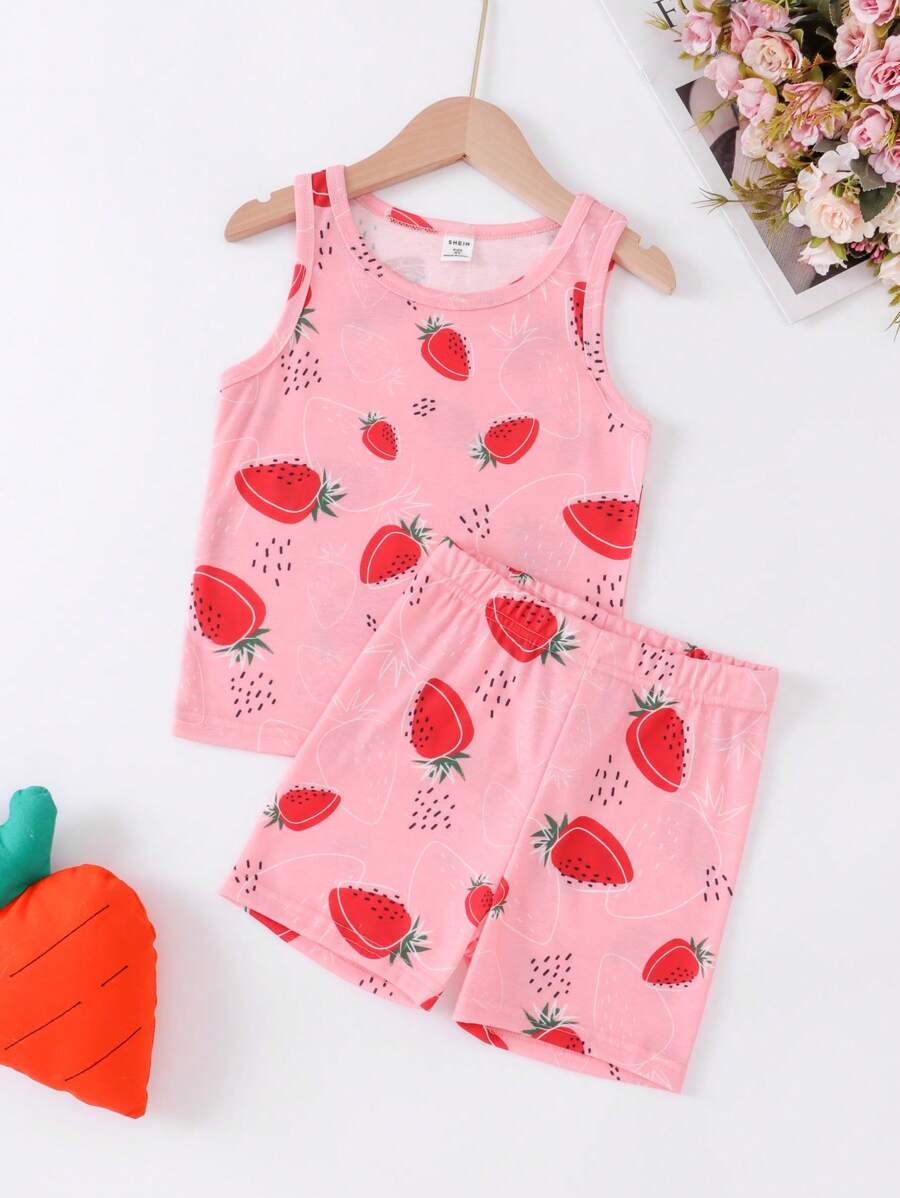 Girls Strawberry Print Tank Top & Shorts Snug Fit PJ Set - Pink - View 1