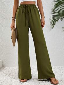 SHEIN LUNE Tie Waist Wide Leg Trousers - Army Green - View 3