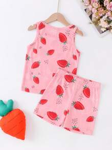 Girls Strawberry Print Tank Top & Shorts Snug Fit PJ Set - Pink - View 2