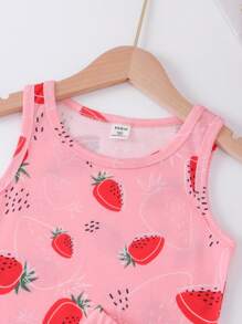 Girls Strawberry Print Tank Top & Shorts Snug Fit PJ Set - Pink - View 3