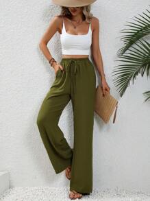 SHEIN LUNE Tie Waist Wide Leg Trousers - Army Green - View 4