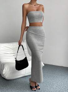 Chiquease Solid Tube Top & Mermaid Hem Skirt - Light Grey - View 5