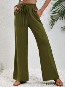 SHEIN LUNE Tie Waist Wide Leg Trousers - Army Green - View 5