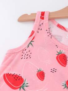 Girls Strawberry Print Tank Top & Shorts Snug Fit PJ Set - Pink - View 5