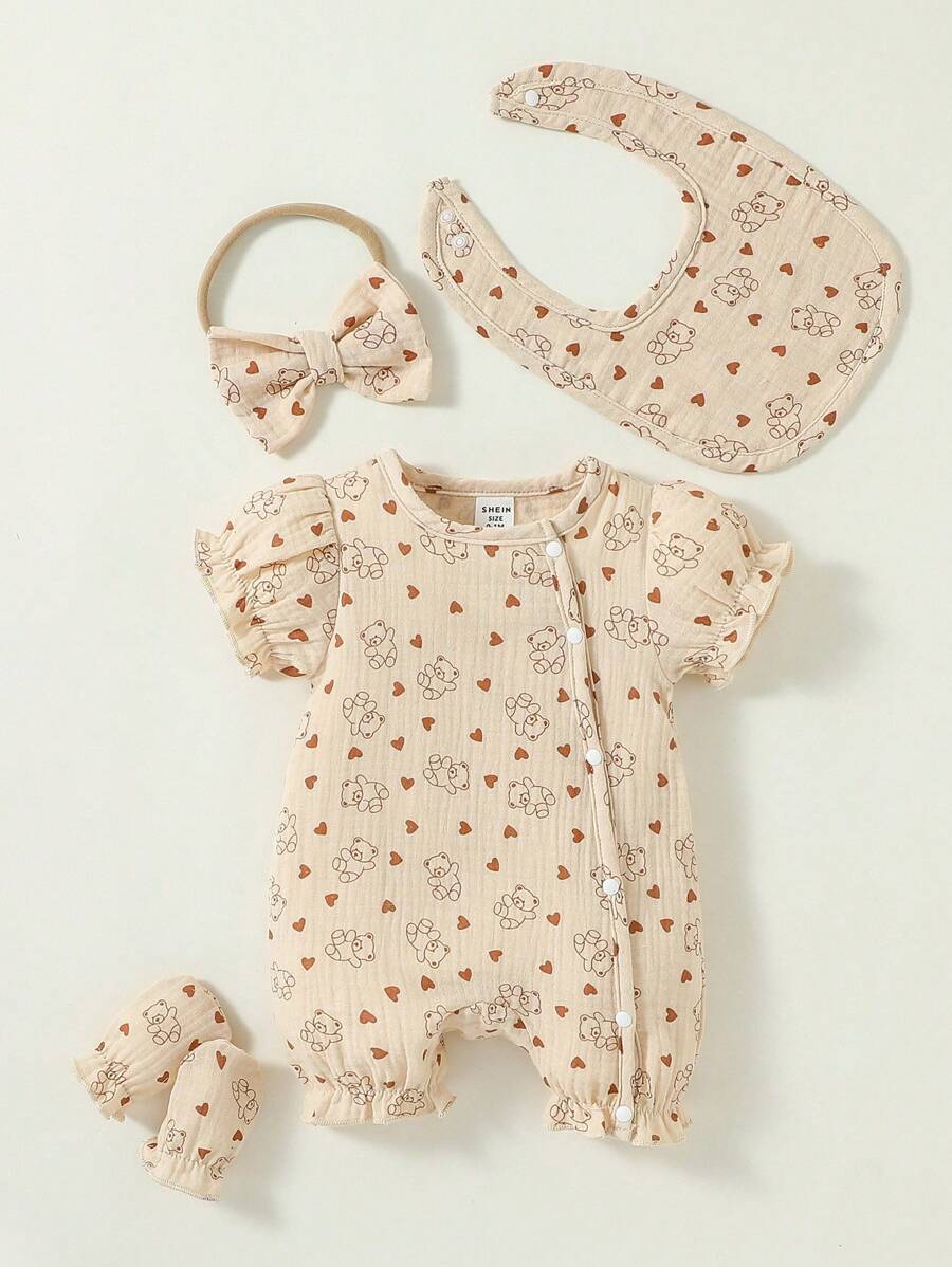 Newborn Baby Girl Heart & Cartoon Graphic Button Front Romper - Apricot - View 1