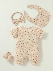 Newborn Baby Girl Heart & Cartoon Graphic Button Front Romper - Apricot - View 2