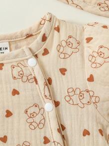 Newborn Baby Girl Heart & Cartoon Graphic Button Front Romper - Apricot - View 4