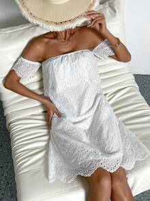 SHEIN VCAY Off Shoulder Scallop Trim Schiffy Dress - White - View 3