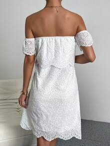 SHEIN VCAY Off Shoulder Scallop Trim Schiffy Dress - White - View 2