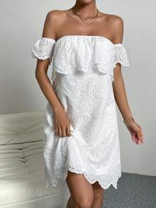 SHEIN VCAY Off Shoulder Scallop Trim Schiffy Dress - White - View 4