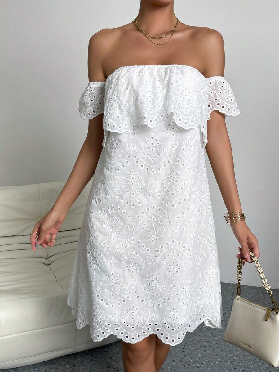 SHEIN VCAY Off Shoulder Scallop Trim Schiffy Dress - White - View 1