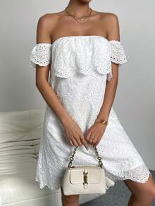 SHEIN VCAY Off Shoulder Scallop Trim Schiffy Dress - White - View 5