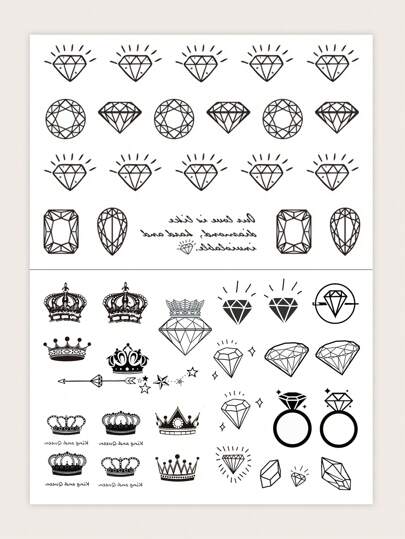 STARTTOOS 2pcs Black Diamond Crown & Gemstone Pattern Temporary Tattoo Sticker For Fingers, Wrists, Small Body Parts