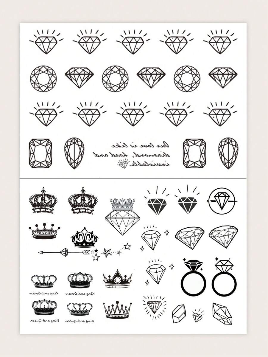 STARTTOOS 2pcs Black Diamond Crown & Gemstone Pattern Temporary Tattoo Sticker For Fingers, Wrists, Small Body Parts - Black - View 1
