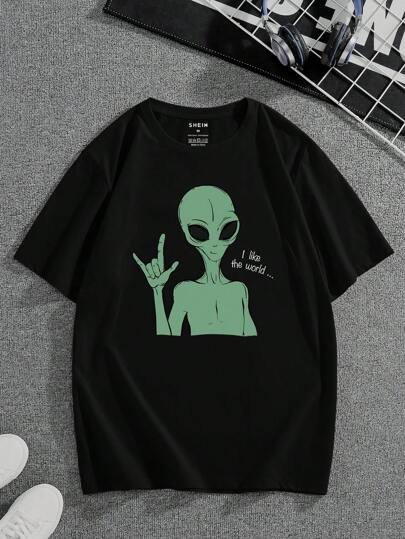 Manfinity Dauomo Men Cotton Alien And Slogan Graphic Tee