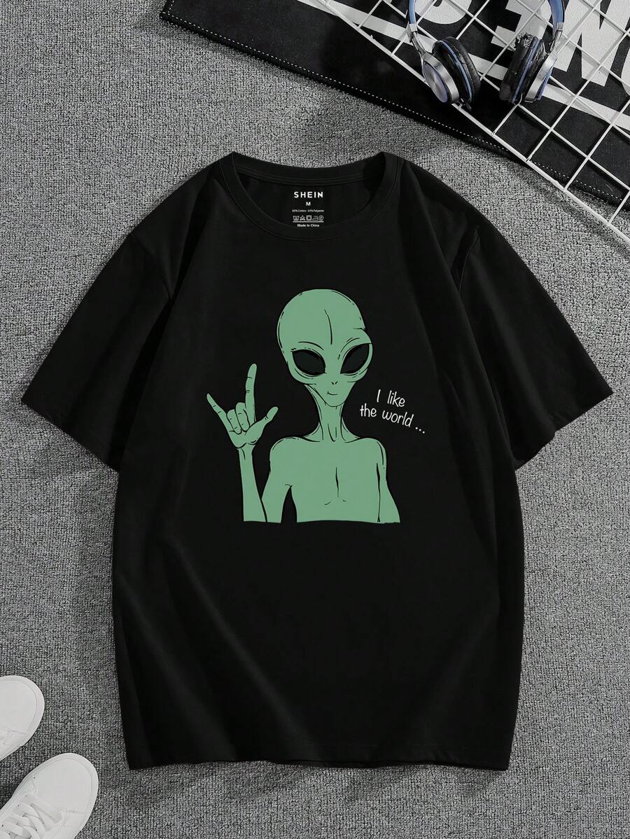 Manfinity Dauomo Hombres Camiseta algodón con estampado de extraterrestre y slogan - Negro - Ver 1