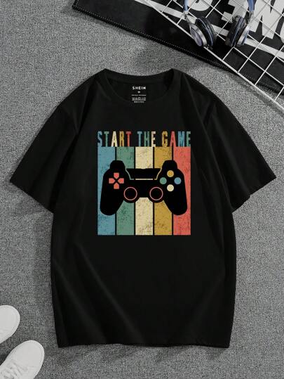 Manfinity Dauomo 男士棉遊戲手柄和字母圖案T恤