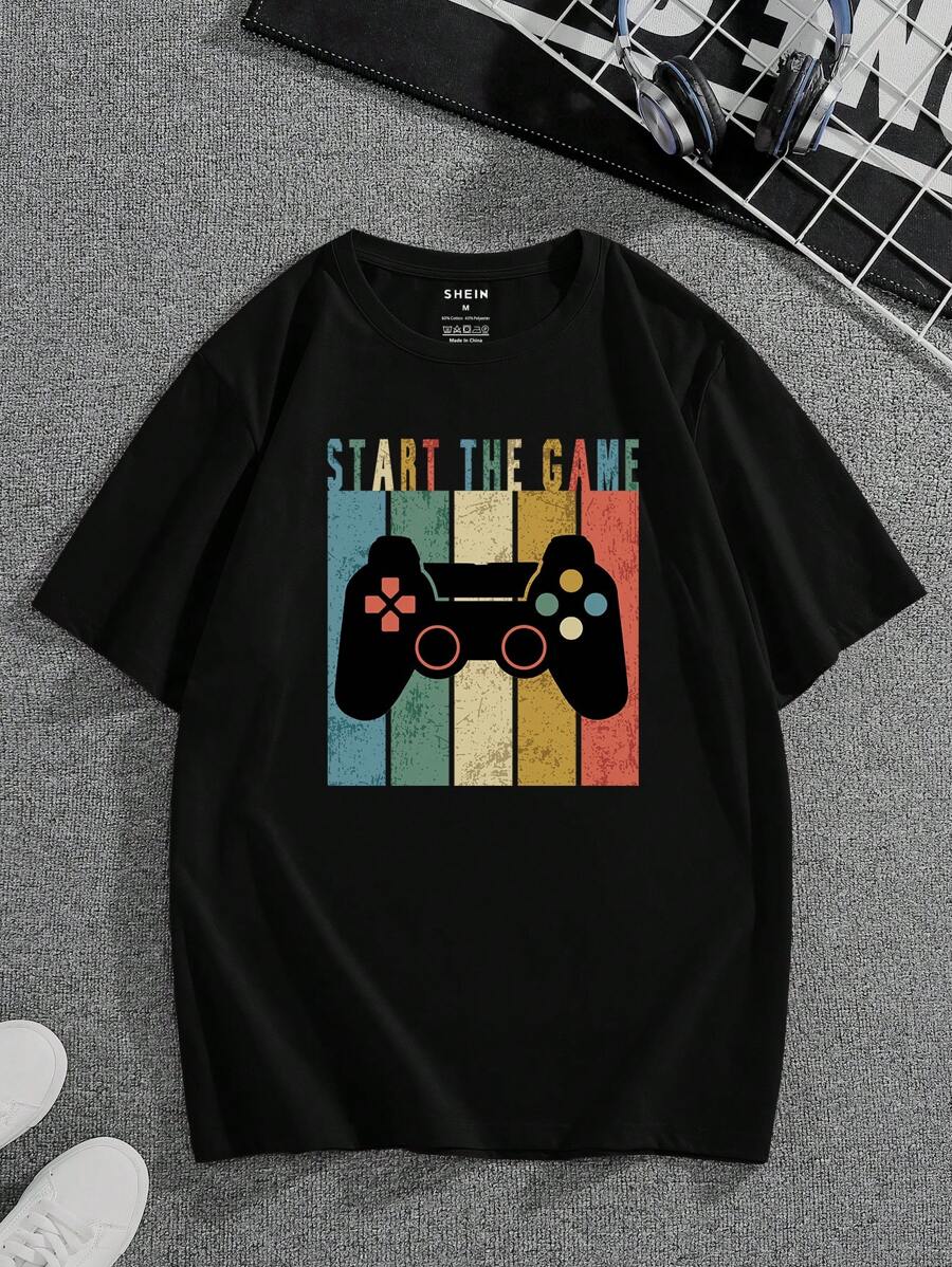 Manfinity Dauomo Men Cotton Gamepad & Letter Graphic Tee - Black - View 1