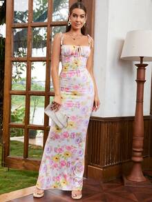 PARTHEA 印花系带露肩褶皱胸部美人鱼连衣裙 - 彩色 - 查看 4