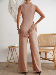 Breezaya Fringe Hem Tank Top & Wide Leg Trousers - Apricot - View 2