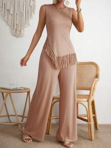 Breezaya Fringe Hem Tank Top & Wide Leg Trousers - Apricot - View 3