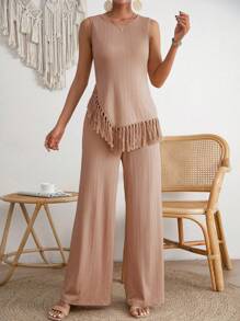 Breezaya Fringe Hem Tank Top & Wide Leg Trousers - Apricot - View 4