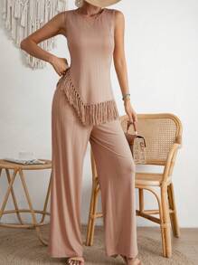 Breezaya Fringe Hem Tank Top & Wide Leg Trousers - Apricot - View 5