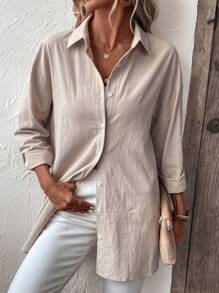 SHEIN LUNE Solid Button Front Drop Shoulder Shirt