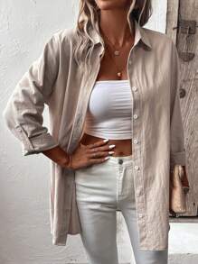 SHEIN LUNE Solid Button Front Drop Shoulder Shirt