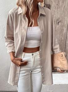 SHEIN LUNE Solid Button Front Drop Shoulder Shirt