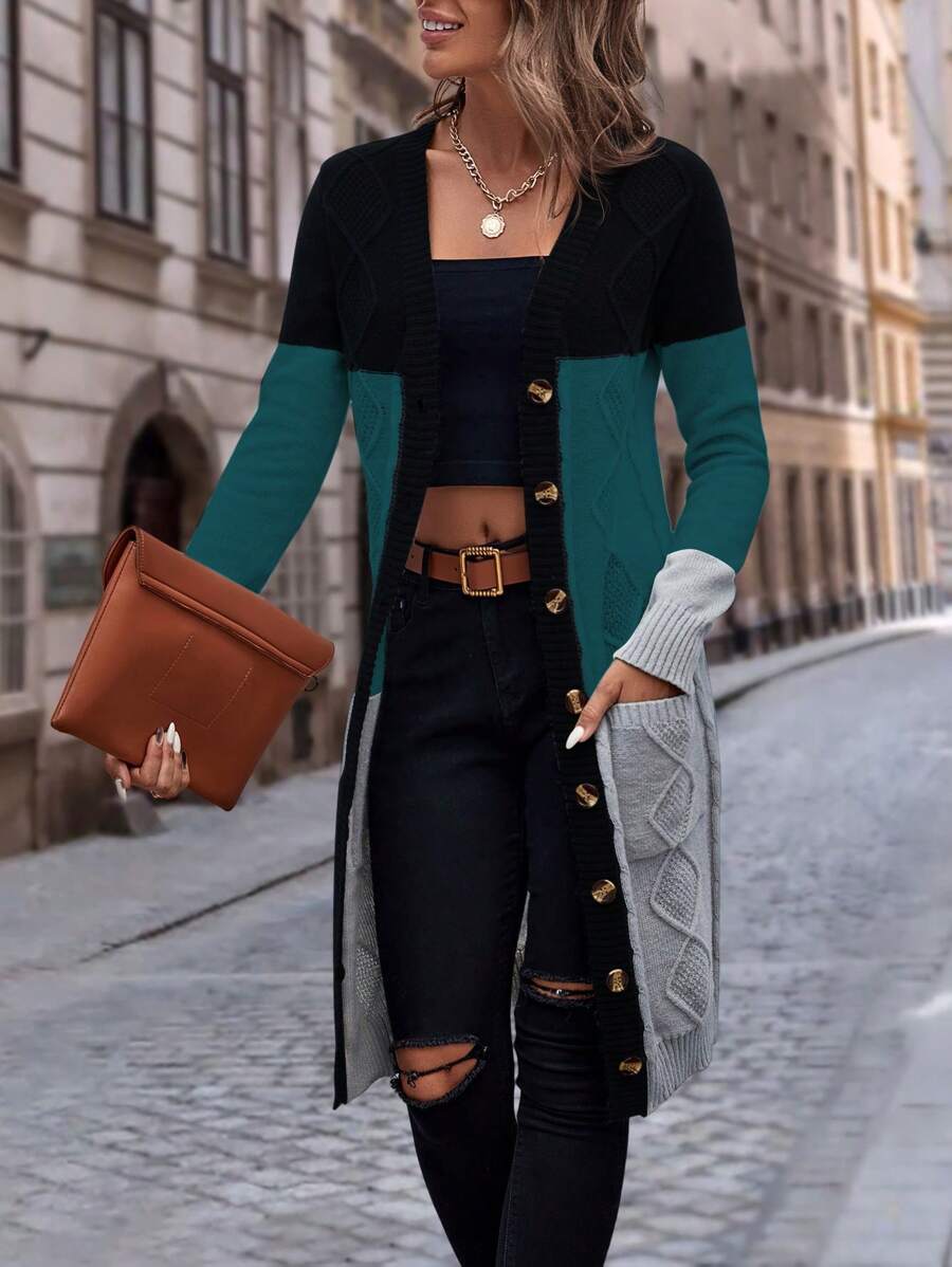 EMERY ROSE 拼色双口袋纽扣前开衫，长袖上衣