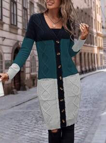 EMERY ROSE 拼色双口袋纽扣前开衫，长袖上衣