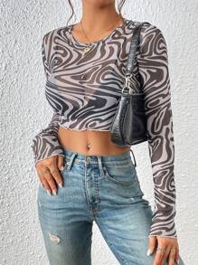 Chiquease 滿版印花短款網紗上衣不附文胸