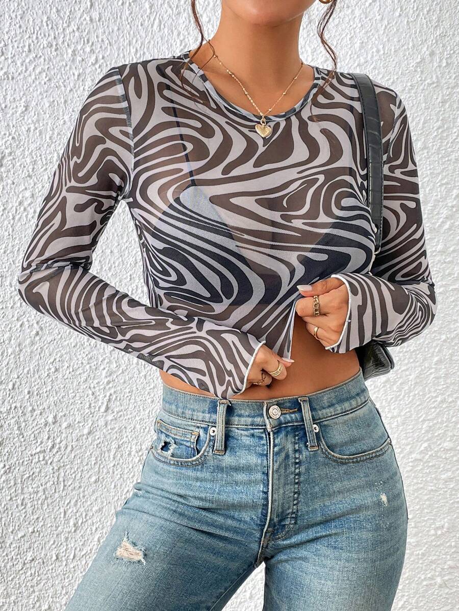 Chiquease 滿版印花短款網紗上衣不附文胸