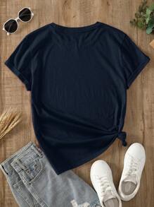 INAWLY Solid Round Neck Tee - Navy Blue - View 2