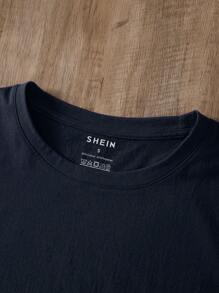 INAWLY Solid Round Neck Tee - Navy Blue - View 5