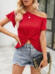 SHEIN Essnce 前扭結不對稱領T恤 - 紅色 - 查看 5