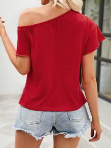 SHEIN Essnce 前扭結不對稱領T恤 - 紅色 - 查看 2