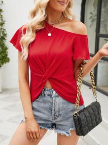 SHEIN Essnce 前扭結不對稱領T恤 - 紅色 - 查看 4