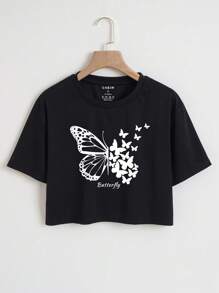 INAWLY Áo thun crop hình bướm và chữ Áo thun crop hình phụ nữ - màu đen - Xem 1