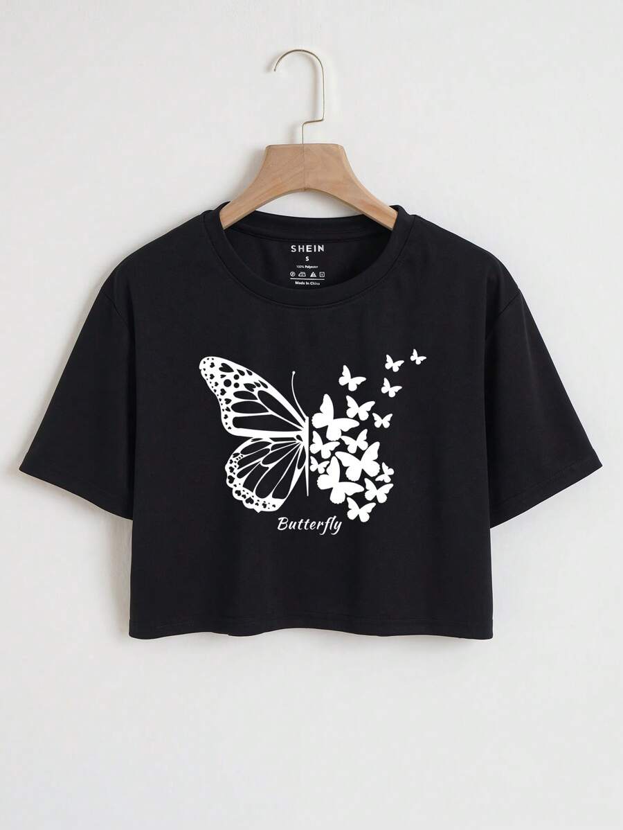 INAWLY Áo thun crop hình bướm và chữ Áo thun crop hình phụ nữ - màu đen - Xem 1
